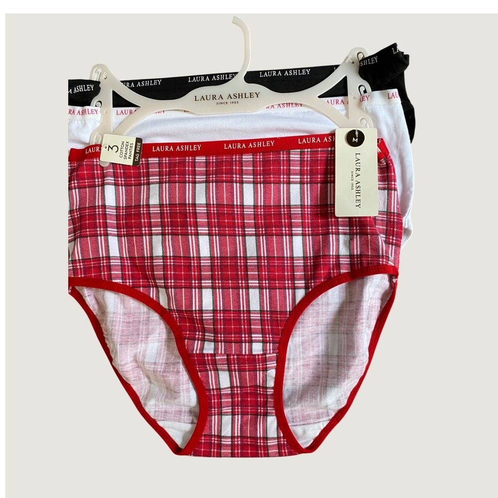 Laura Ashley Panties Women Size M Red White Black 3 Pack‎ Plaid Cotton Spandex